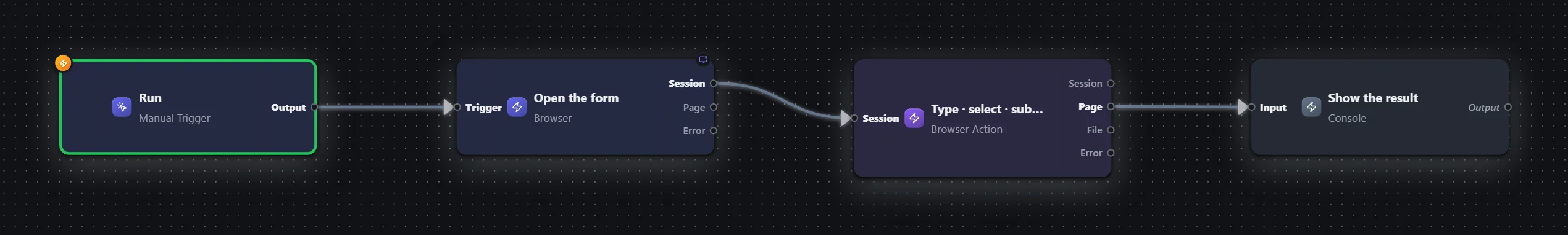 Fill a form, submit & read the result — workflow graph